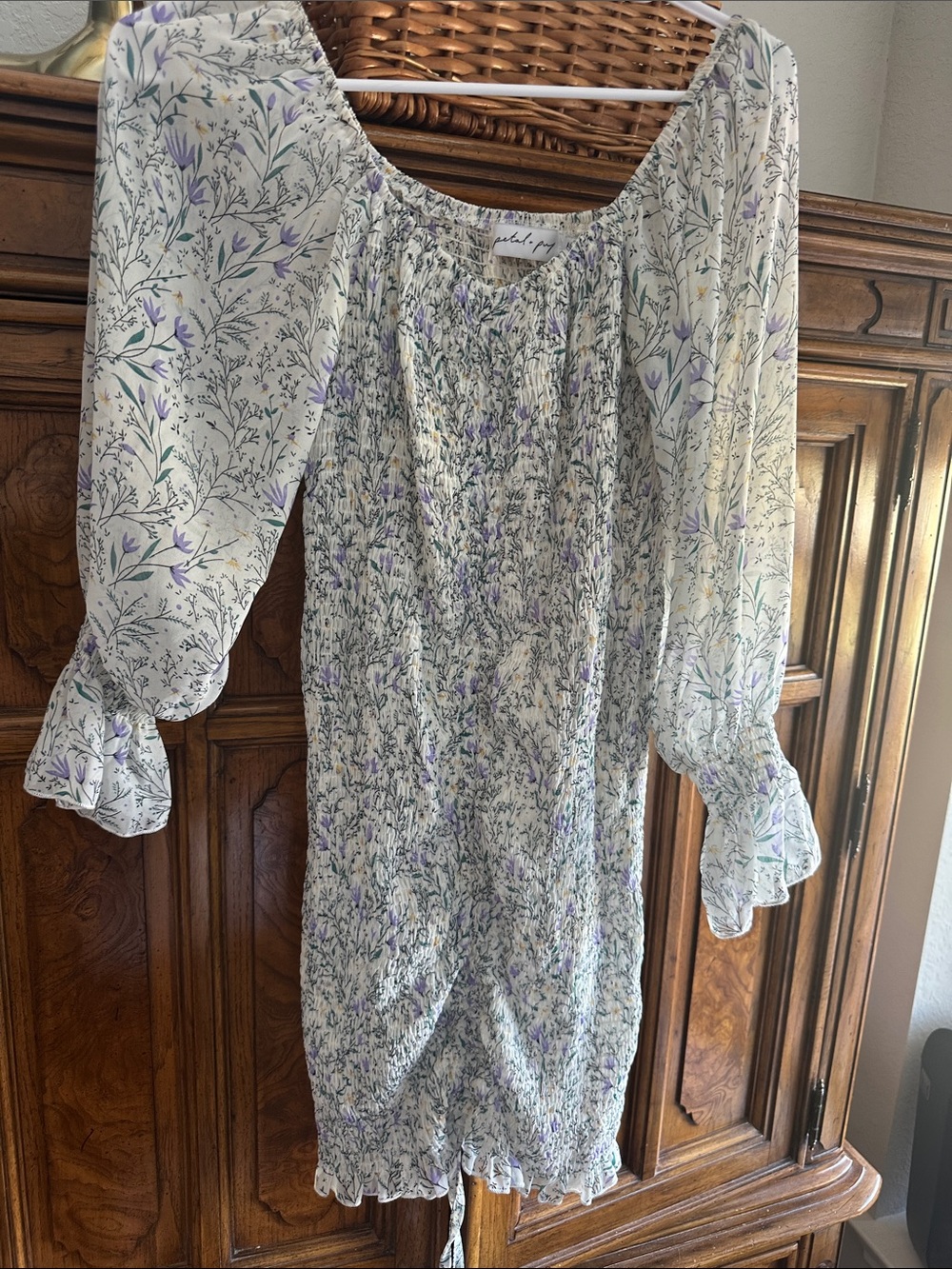 Petal & Pup White Mini Dress with Lavender and Green Floral Print